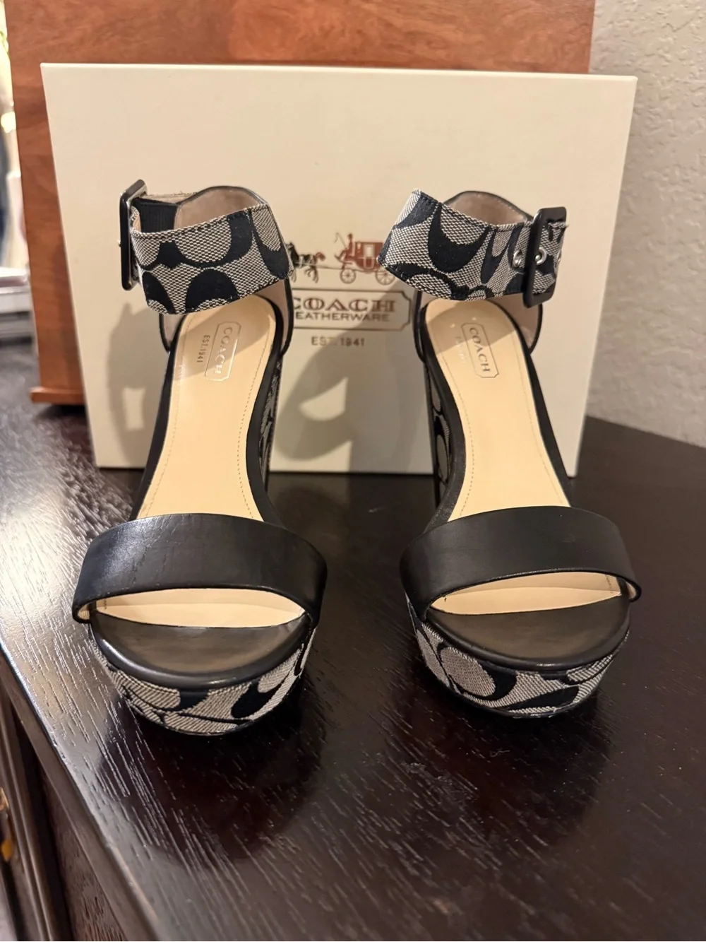 Coach Black Leather & Signature Canvas Platform Sandals